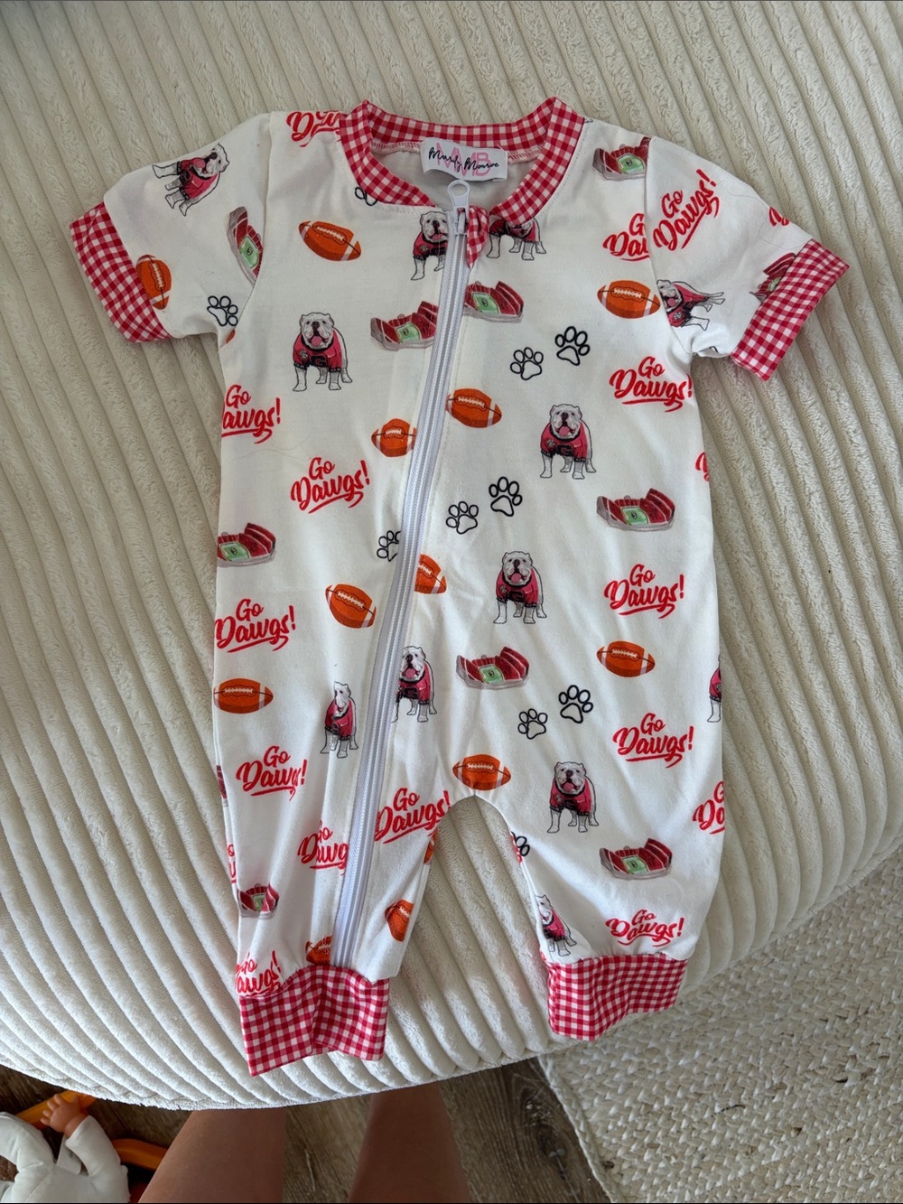 Mud Pie White and Red Bulldog Football Zip Romper